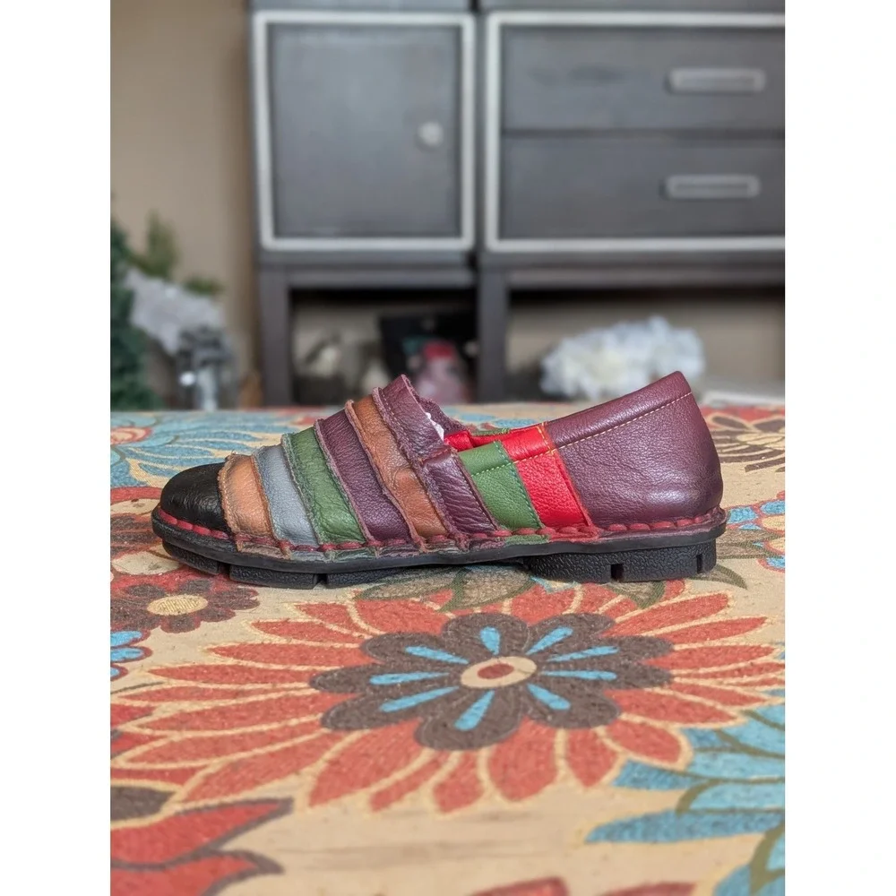 Handmade Women's Multicolor Leather Patchwork Slip On Loafers Comfort Shoes 7.5